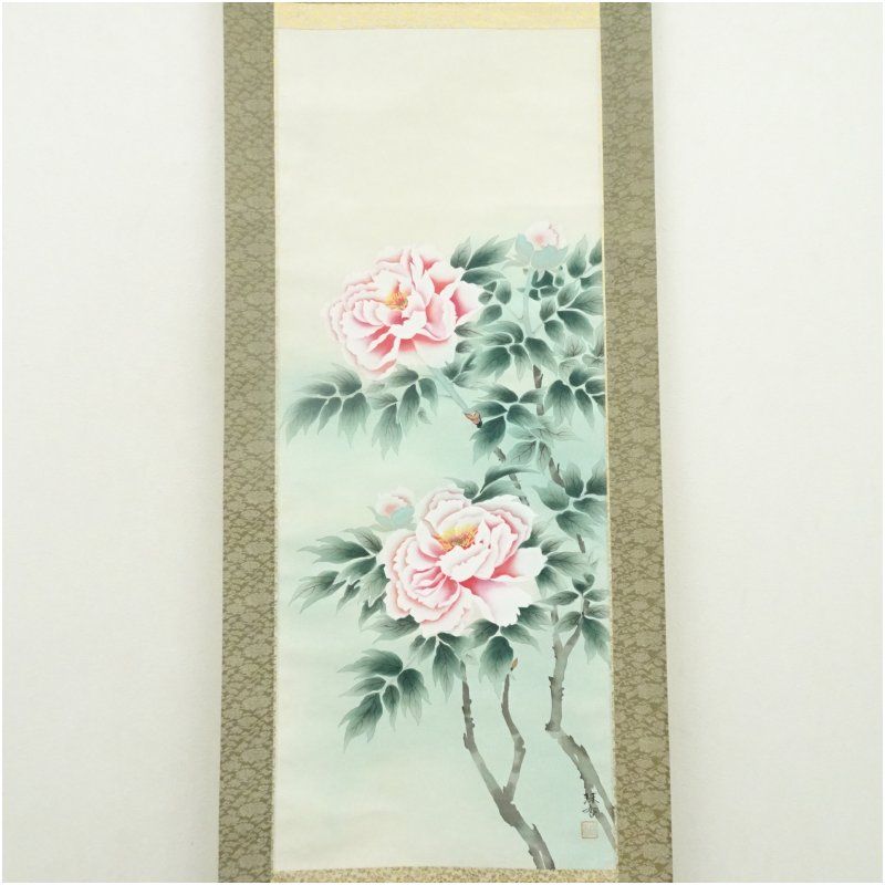 珠香筆 牡丹図 肉筆絹本掛軸（保護箱） 掛け軸 床の間 書 おしゃれ