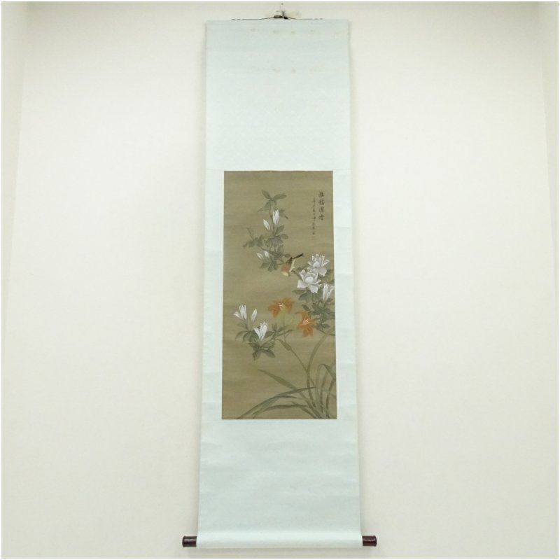 敬亭筆 花鳥図 肉筆絹本掛軸（紙箱） 掛け軸 床の間 書 おしゃれ 絵画