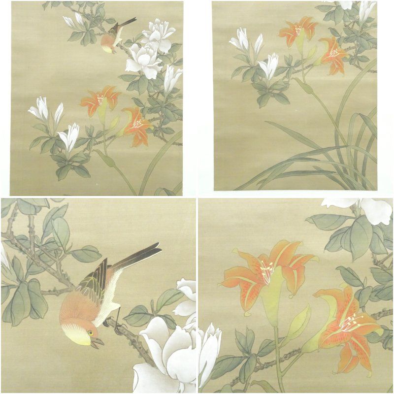 敬亭筆 花鳥図 肉筆絹本掛軸（紙箱） 掛け軸 床の間 書 おしゃれ 絵画