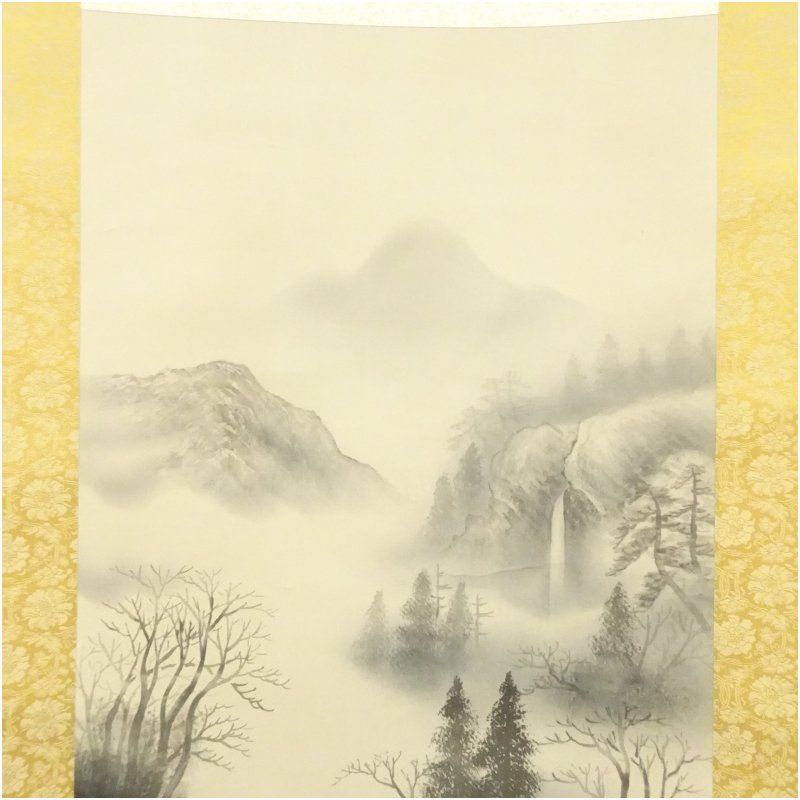 寿松筆 水墨山水 肉筆絹本掛軸（共箱） 掛け軸 床の間 書 おしゃれ