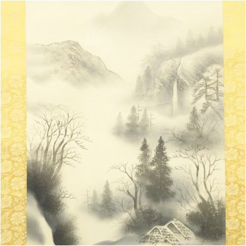 晴子 肉筆 掛け軸 山水画「雲是山手」共箱付き 和風インテリア 寿松筆 水墨山水 肉筆絹本掛軸（共箱） 掛け軸 床の間 書 おしゃれ