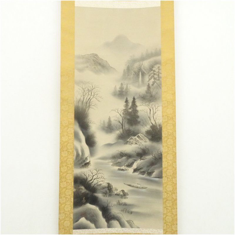 寿松筆 水墨山水 肉筆絹本掛軸（共箱） 掛け軸 床の間 書 おしゃれ