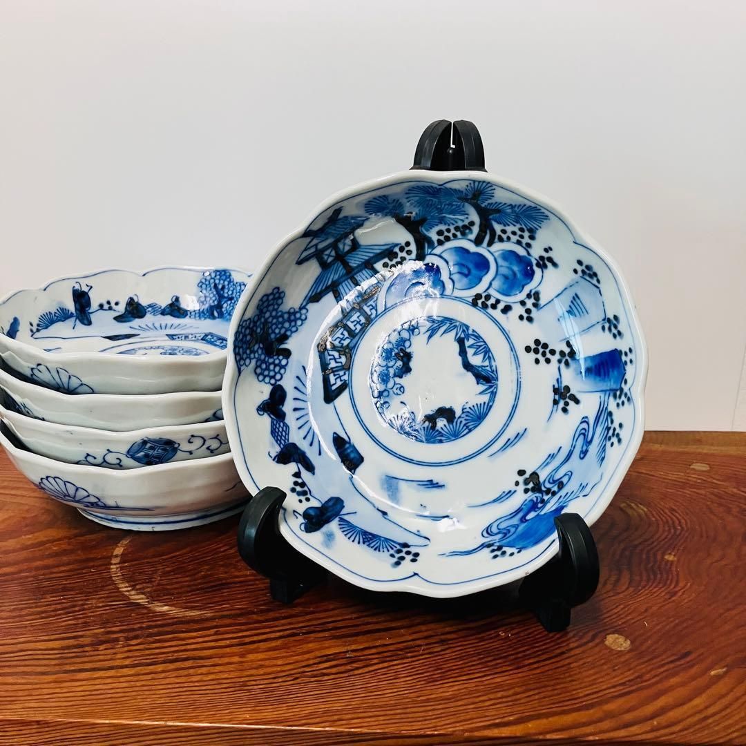 染付 楼閣山水図皿5客まとめて なます皿 和骨董 アンティーク 和食器