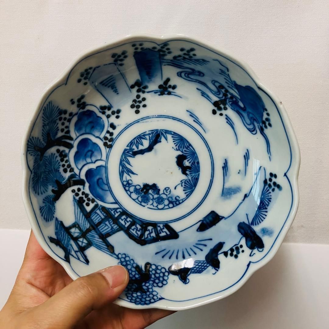 南京染付寿皿　骨董品　5客 染付 楼閣山水図皿5客まとめて なます皿 和骨董 アンティーク 和食器