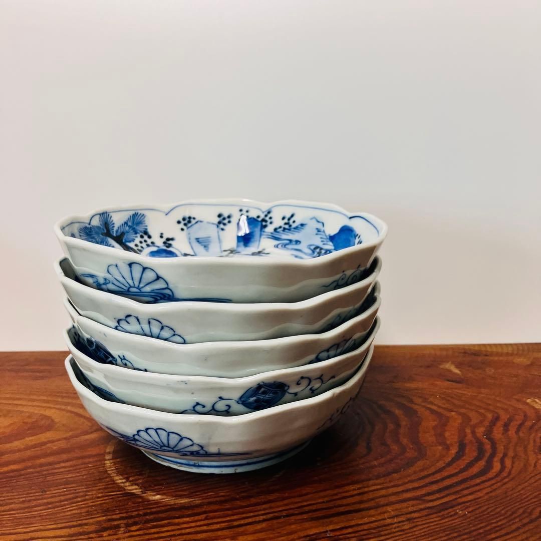 染付 楼閣山水図皿5客まとめて なます皿 和骨董 アンティーク 和食器