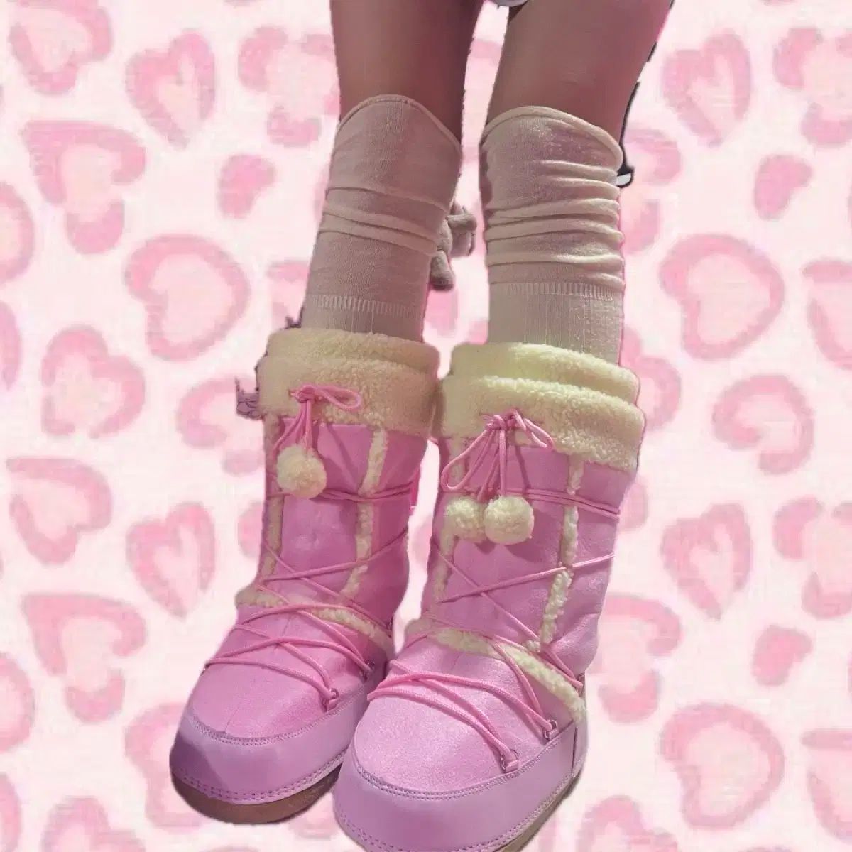 プリティガール 姫ギャル ピンク ボアファー ポンポン フリース 冬 ロングブーツ