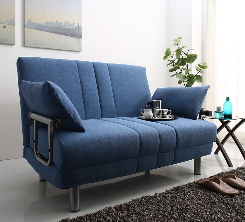♪3WAY ハイバック セミダブル カウチソファ 【ネイビー・ファブリック