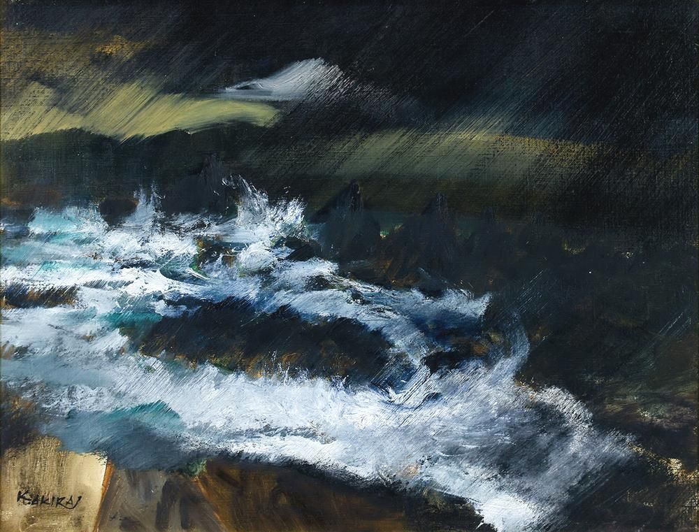 真作】【WISH】小松明「室戸夜雨」油彩 10号 ◇白波と夜の光が交錯する