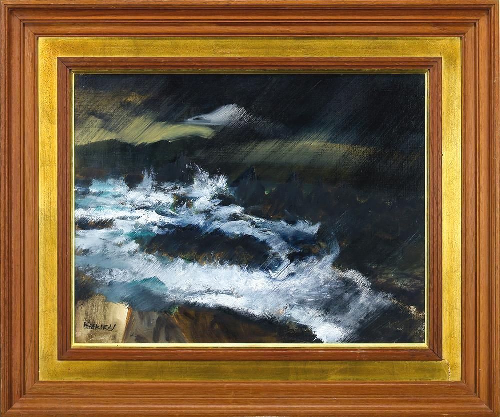 真作】【WISH】小松明「室戸夜雨」油彩 10号 ◇白波と夜の光が交錯する