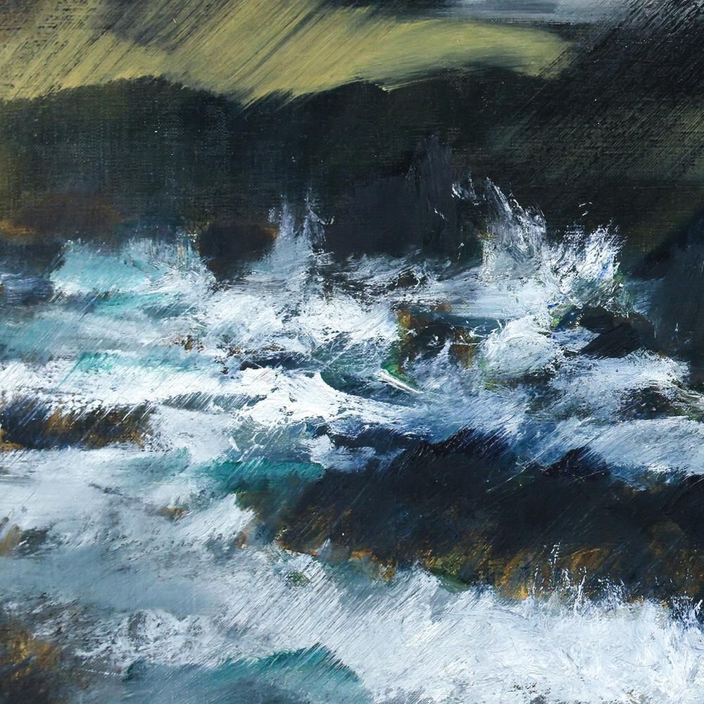 真作】【WISH】小松明「室戸夜雨」油彩 10号 ◇白波と夜の光が交錯する