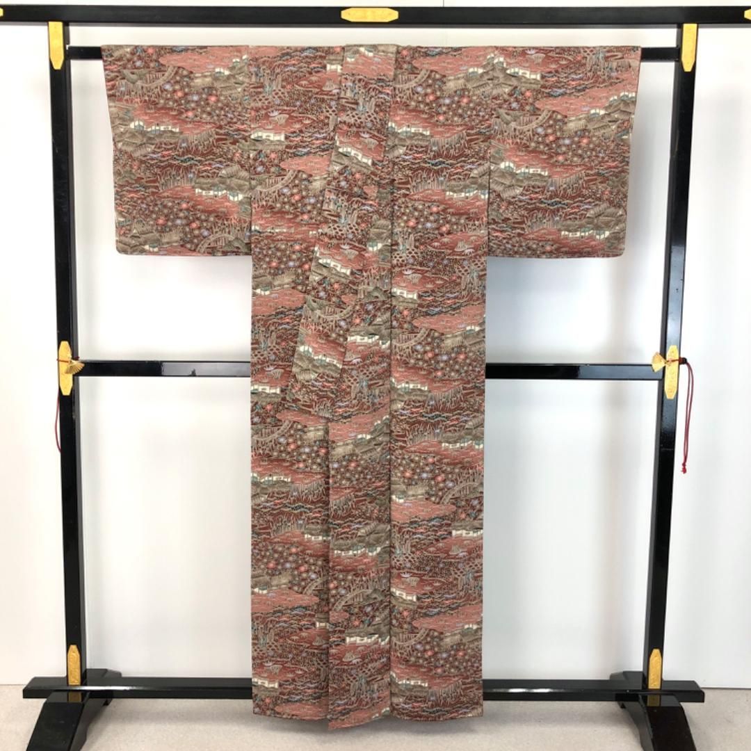 小紋 型染め 花草模様 風景柄 縮緬 暗紅色 しつけ糸 K-4805 - メルカリ