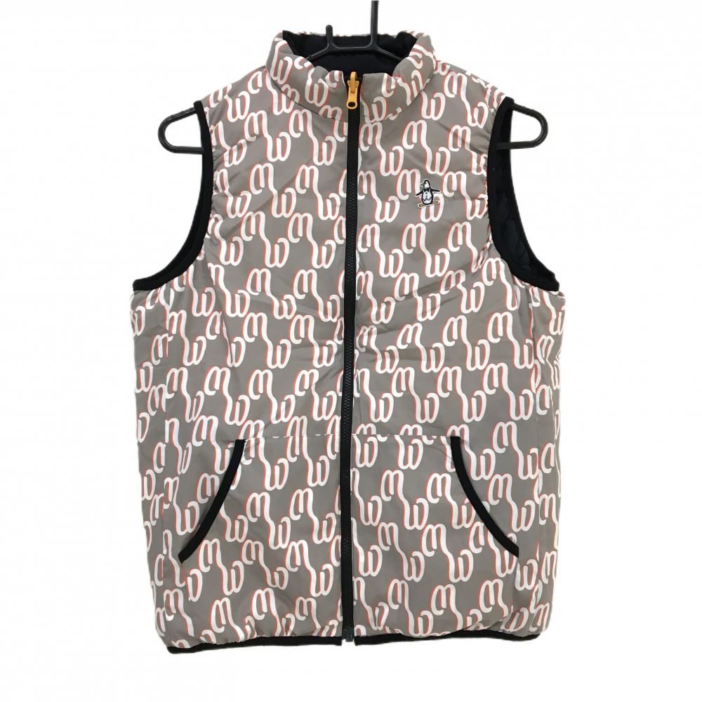 マンシングウェア リバーシブル中綿ベスト グレー×白×オレンジ 総柄 レディース L ゴルフウェア モデル Munsingwear