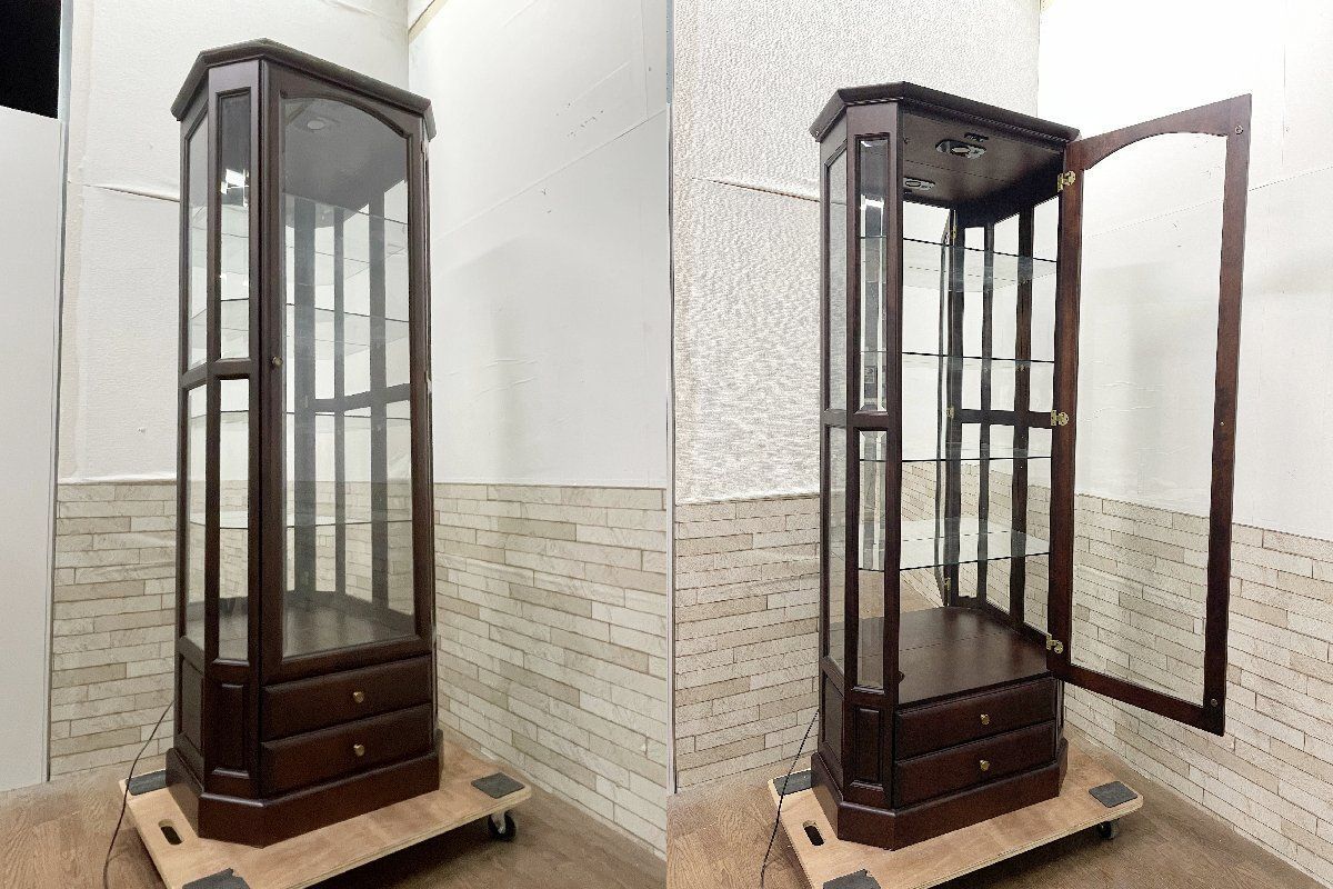 ○北海道 旭川 三陽家具 ガラスキャビネット キュリオケース 照明付き