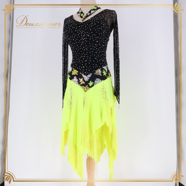 社交ダンス 衣装 ラテン ドレス ワンピース ラテンドレス 蛍光 フリンジ デモ 競技 ダンス パーティ 発表会 ブラック系 イエロー系 グリーン系 黒 黄緑 黄色 フロア映え 動き出る 揺れ 裾 蛍光色