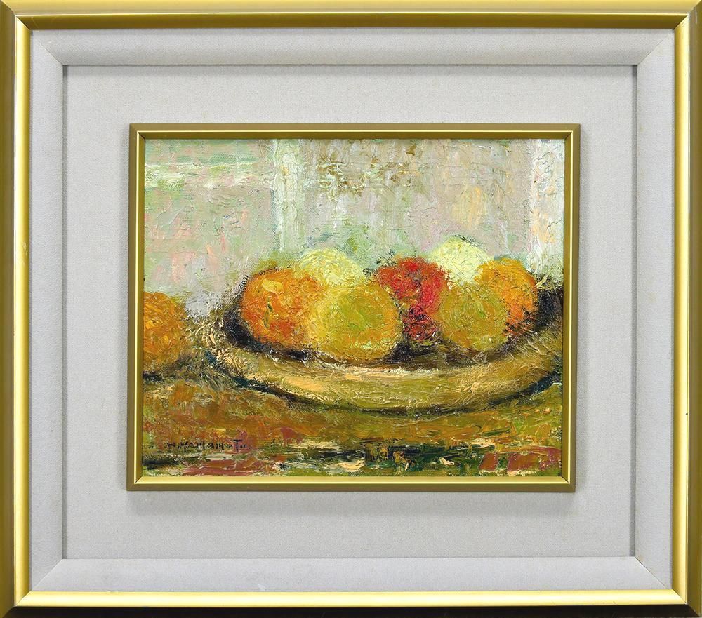 真作】【WISH】山本彪一 油彩 3号 ◇卓上の熟れた果物 〇昭和洋画壇