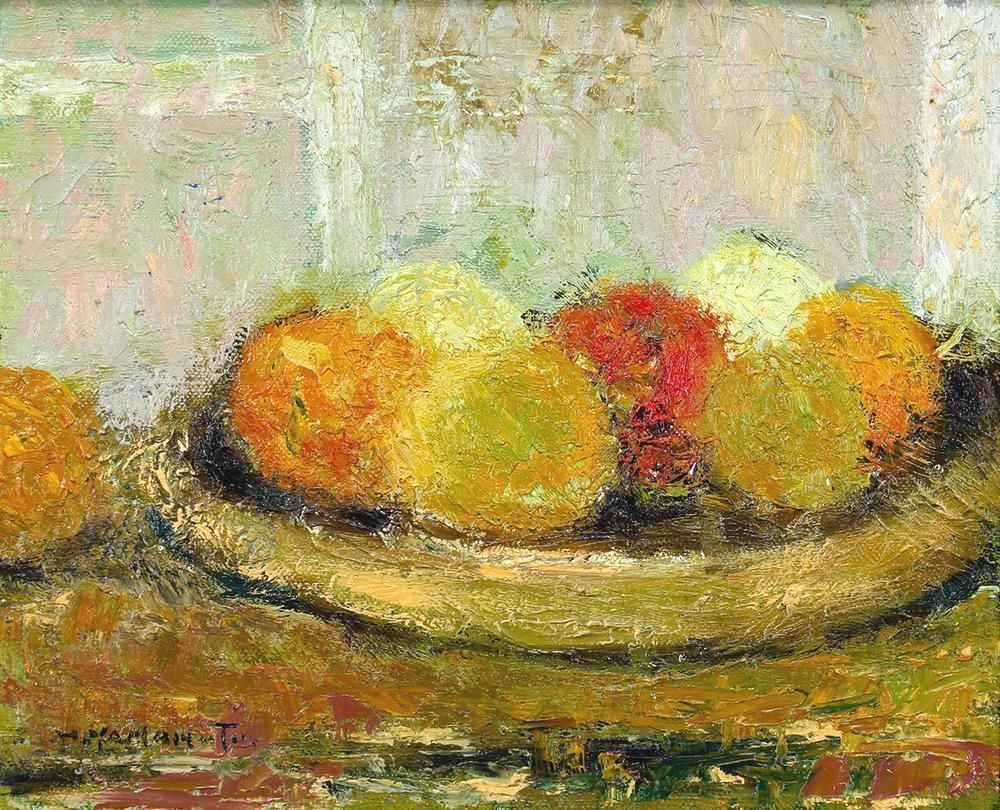 真作】【WISH】山本彪一 油彩 3号 ◇卓上の熟れた果物 〇昭和洋画壇