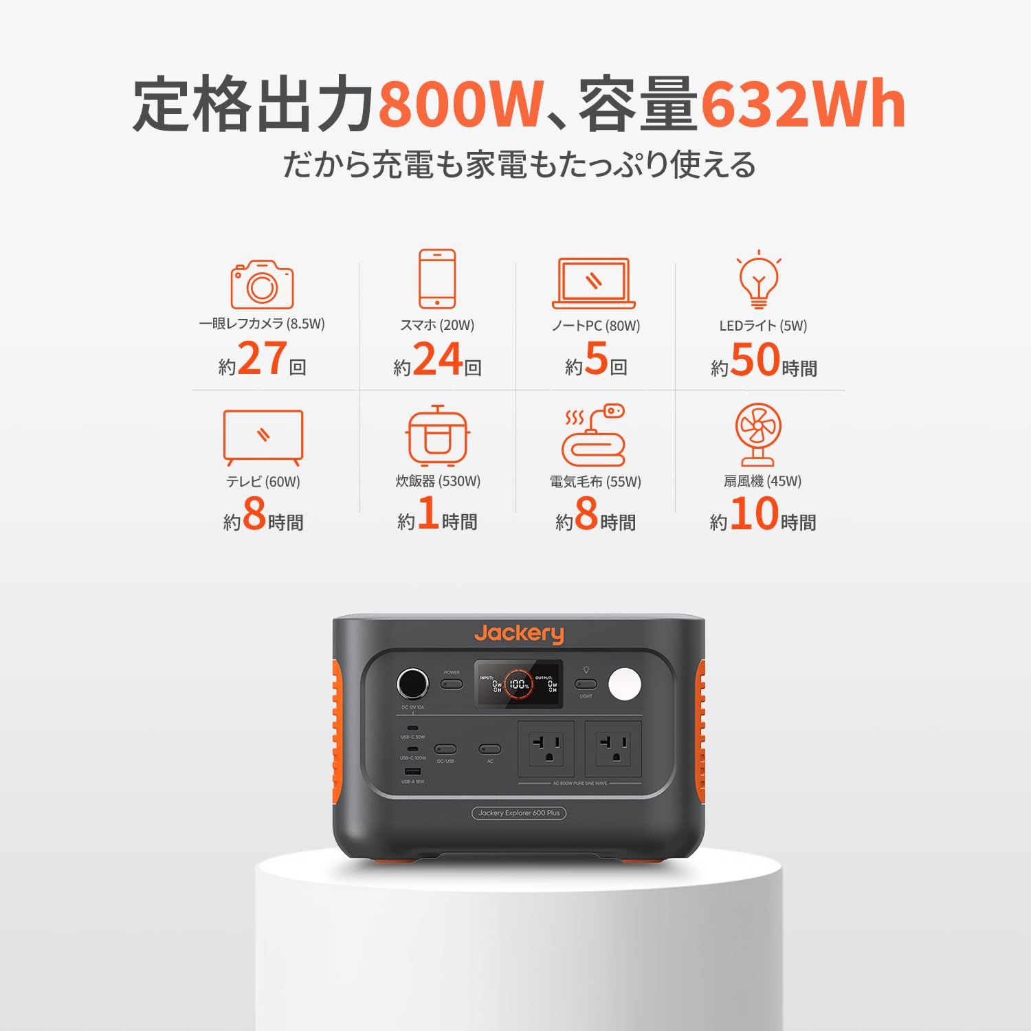  Jackery ポータブル電源 600 Plus 632 Wh リン酸鉄 長寿命 定格出力800 W 瞬間最大1600 コンパクト 60分急速充電 UPS機能 アプリ遠隔操作 弦波 AC 100 V 50 Hz 60 Hz対応 車中泊 家庭用 蓄電池 停電対策 台風 その他 フェイスケア