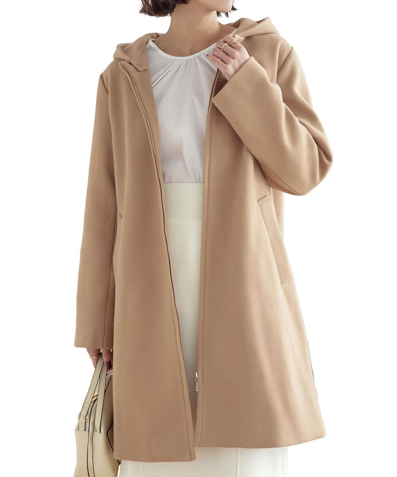 神戸レタス ロングコート フード付き 2 way レディース アウター ストレッチ きれいめ 通勤 カジュアル K 1239 L キャメル