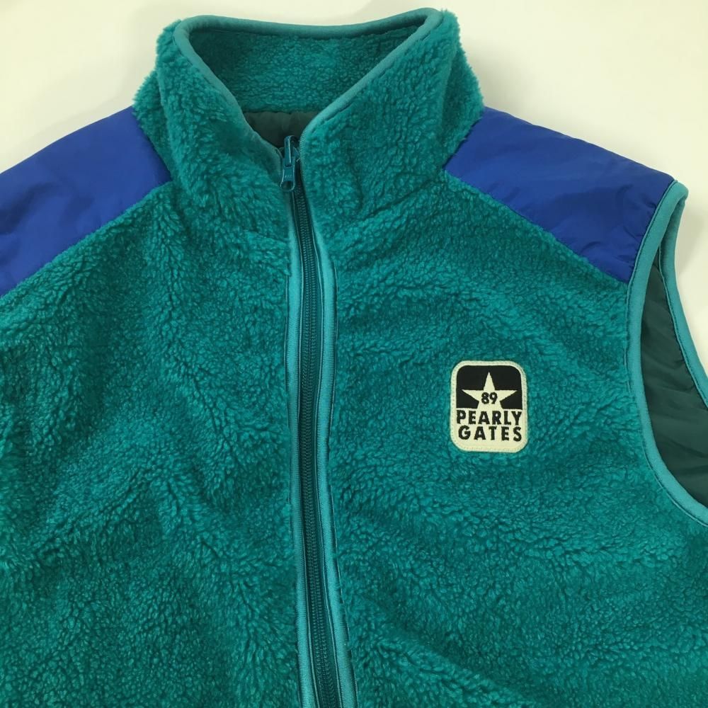 新品未使用　パーリーゲイツボアベスト 美品】パーリーゲイツ ボアベスト グリーン×ブルー 肩切替 メンズ 5(L