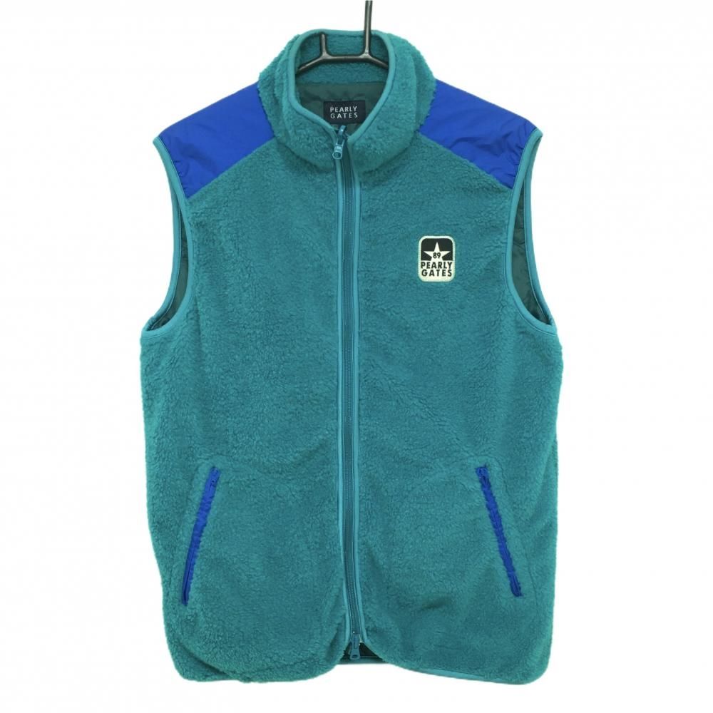 美品】パーリーゲイツ ボアベスト グリーン×ブルー 肩切替 メンズ 5(L