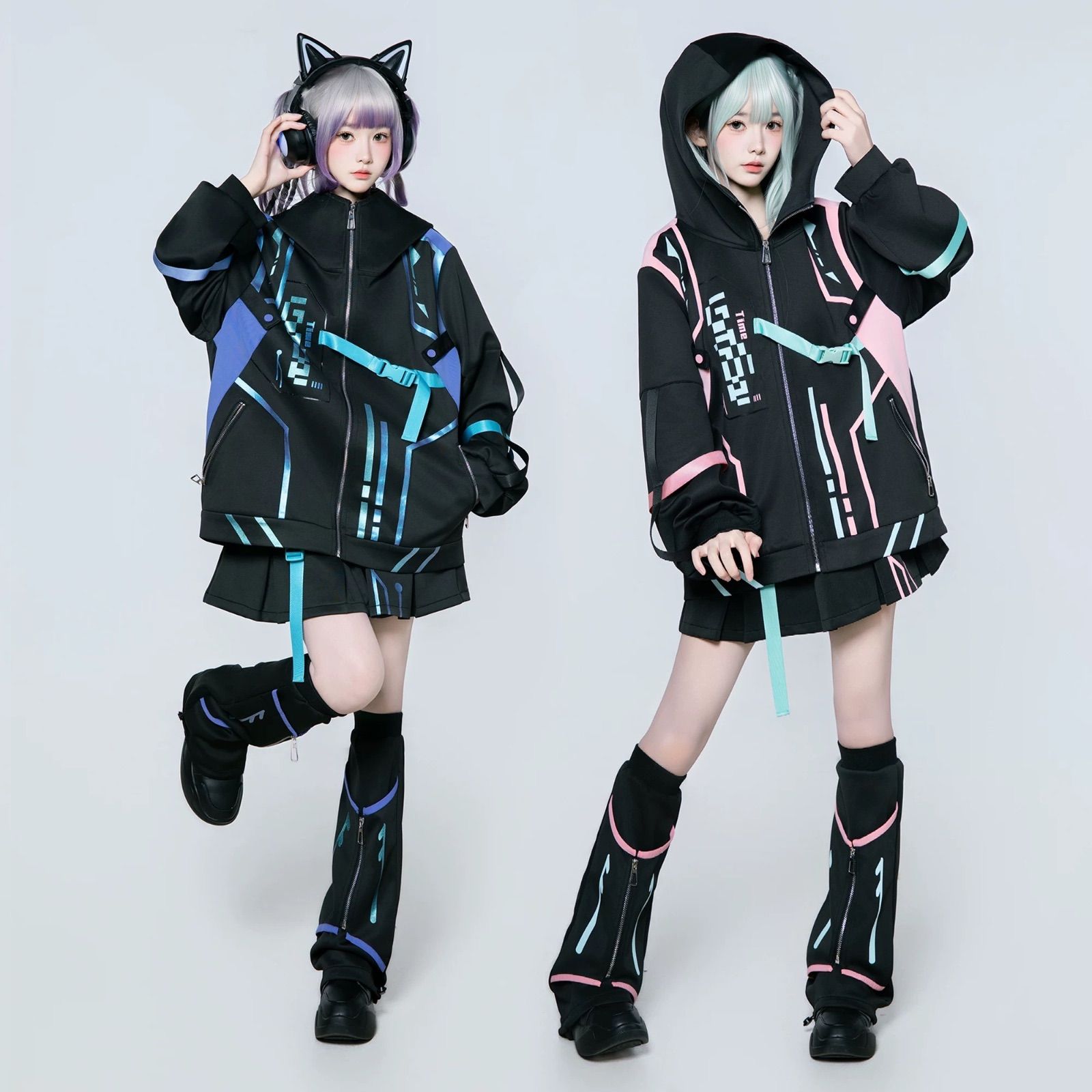 セットアップ ネオン サイバーパンク フューチャー系 パーカー 地雷系 量産型 レディース 原宿系 病みかわいい ジャケット ショートパンツ レッグカバー コスプレ 風 ストリート ファッション サブカル