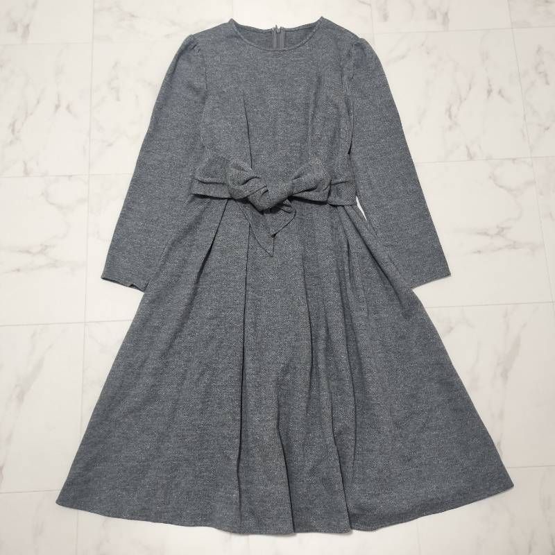 DUAL VIEW デュアルヴューグレー ワンピース 40　WOOL１００% DUAL VIEW デュアルビュー 長袖ワンピース グレー ウエストリボン 40 L
