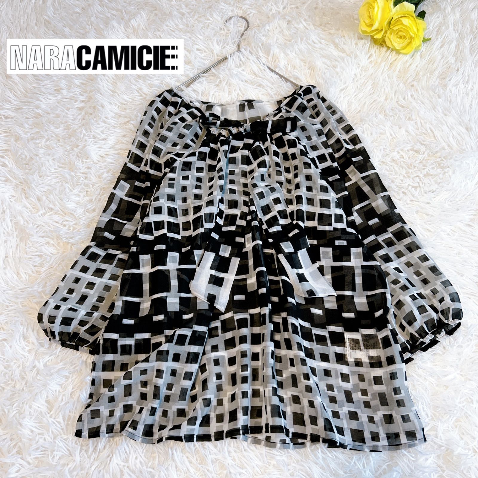 ナラカミーチェ】シフォン幾何柄 ボウタイチュニック ブラウス 大きい