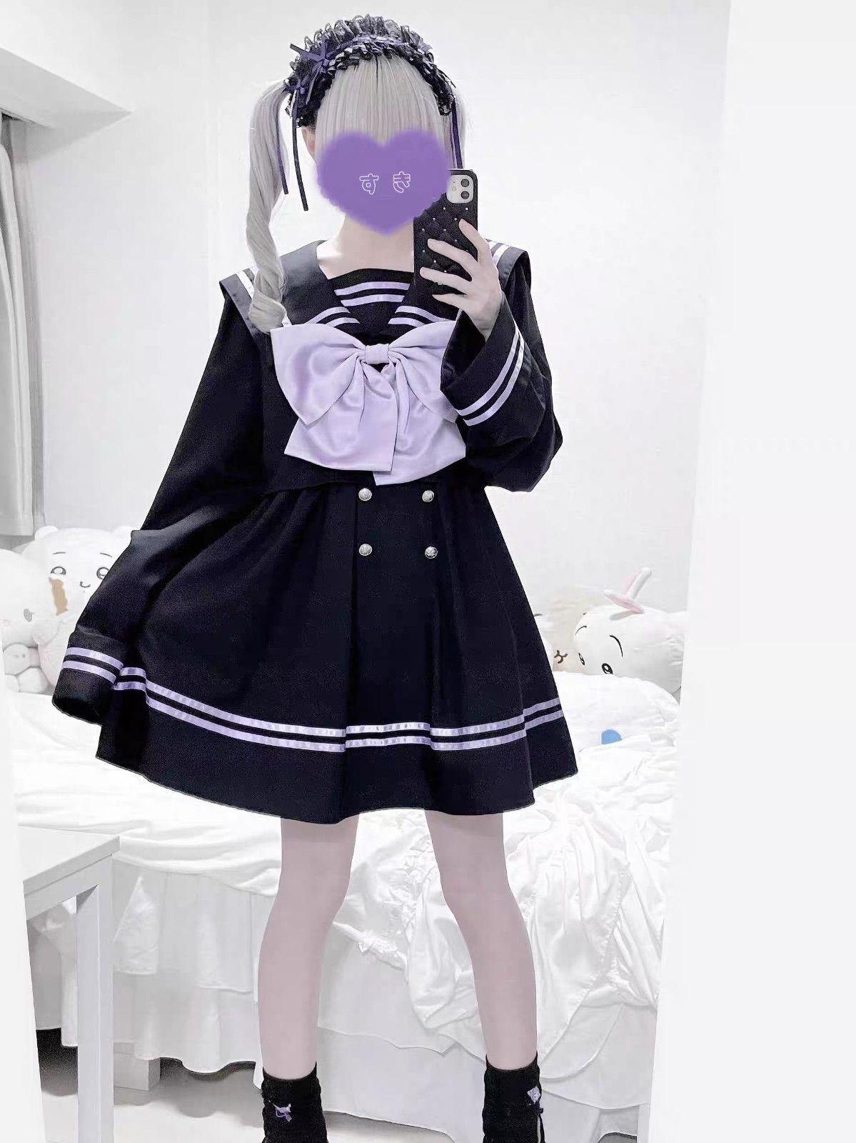 地雷系 ビッグリボン セーラーワンピース シャツワンピース サブカル コスプレ ロリータ かわいい 甘ロリ 原宿系 韓国風 ブラック 春 夏 秋 冬 お出かけ デート 量産型 ロリィタ ゴスロリ 病み セットアップ