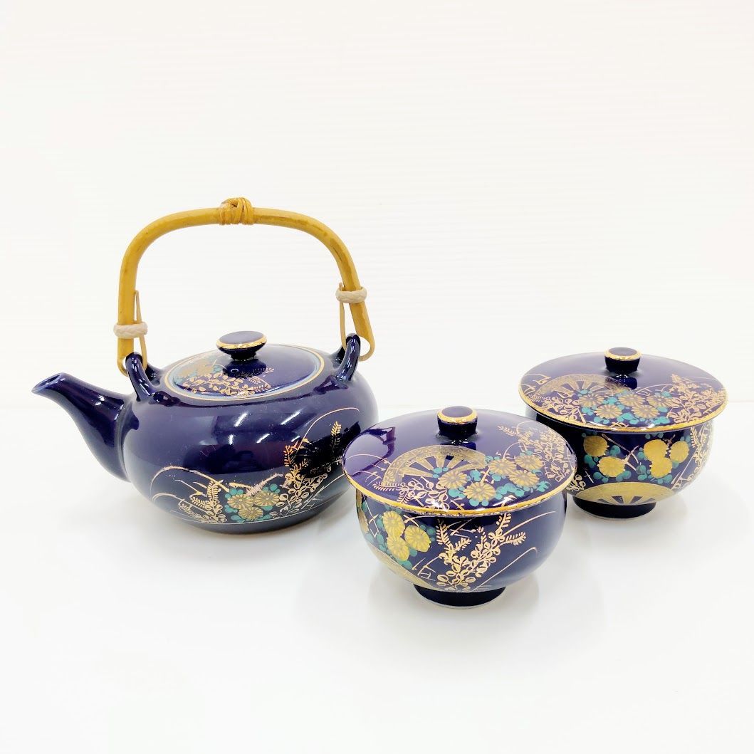 九谷焼、金彩急須 九谷焼 白峰 瑠璃色 金彩 急須 湯呑み セット 扇面文様 蓋付 湯呑み 和