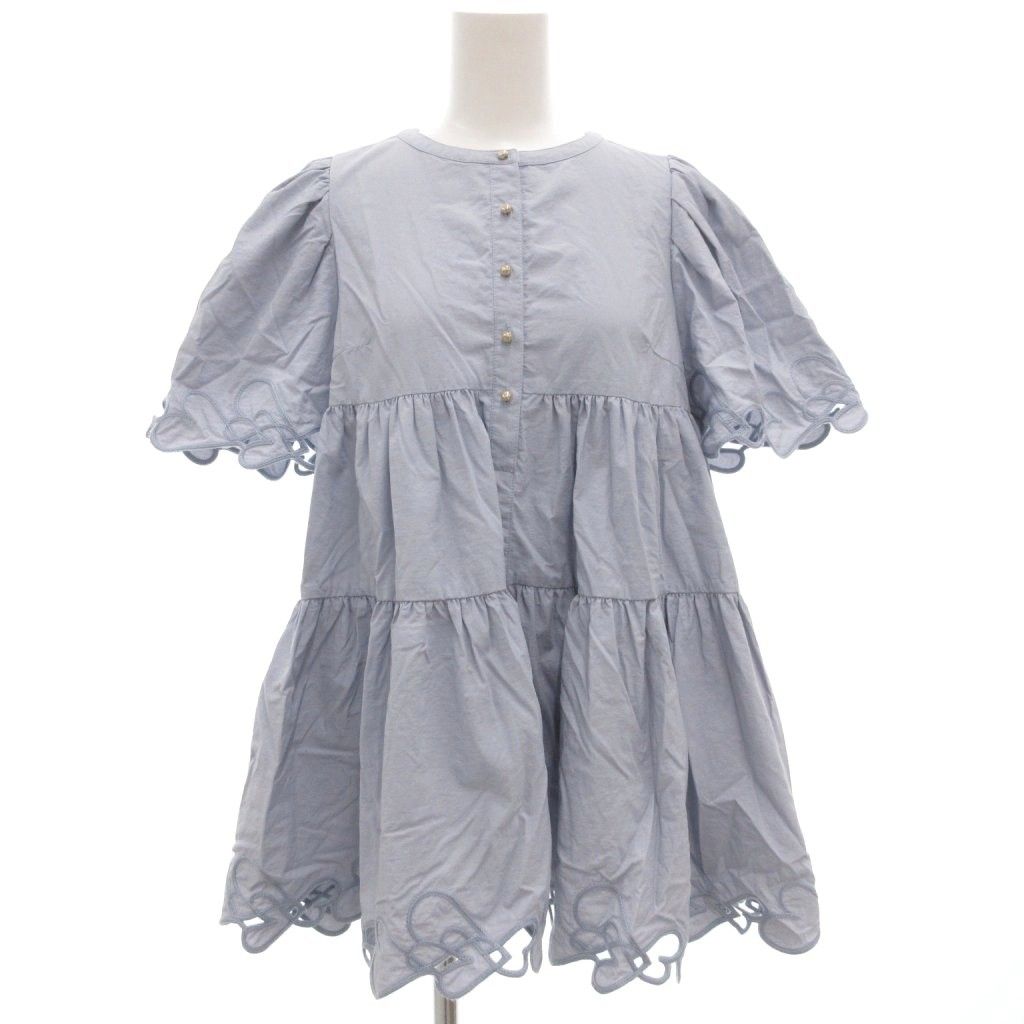 セルフォード CELFORD ×ハナエモリ HANAE MORI コラボ 25 SS ハートエンブロイダリーチュニック カットソー F 半袖 チェーンステッチ刺繍 ナイロン 青 ブルー GV