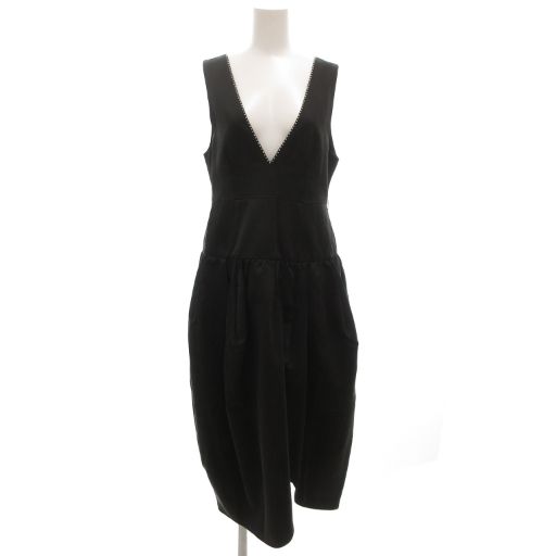 ルルロジェッタ ルールロジェット leur logette ノースリーブワンピース ロング 0 Vネック シルク混 ビーズ装飾 ギャザー 黒 ブラック GV