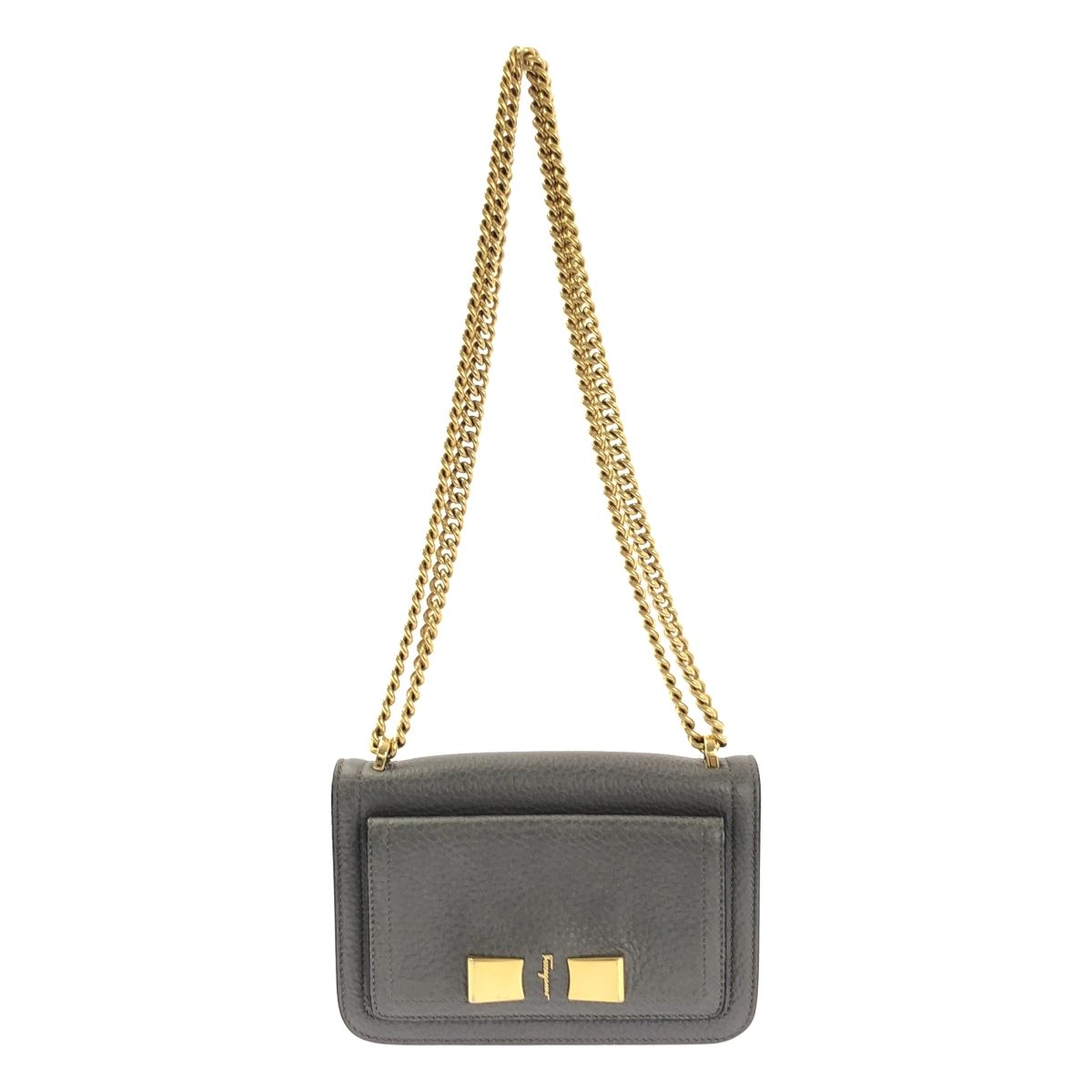 Salvatore Ferragamo サルヴァトーレフェラガモ ヴァラ レザー チェーン ショルダーバッグ グレー ゴールド レディース