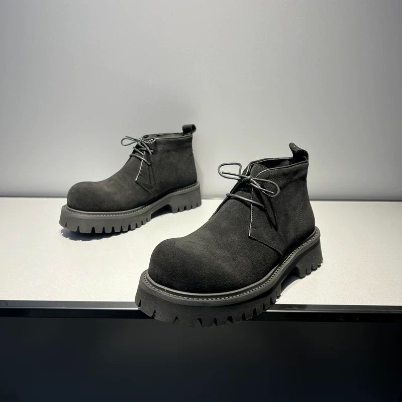 h 2025 メンズ 高帮デービーシューズ 真皮スエード 美式大頭デザイン 厚底増高 軽量ショートブーツ