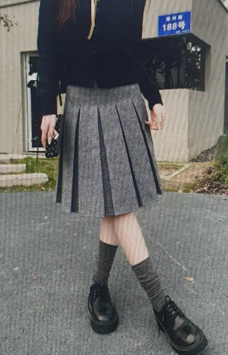 海外配送 秋 冬 ウール リバーシブル グレー プリーツ ミディ スカート