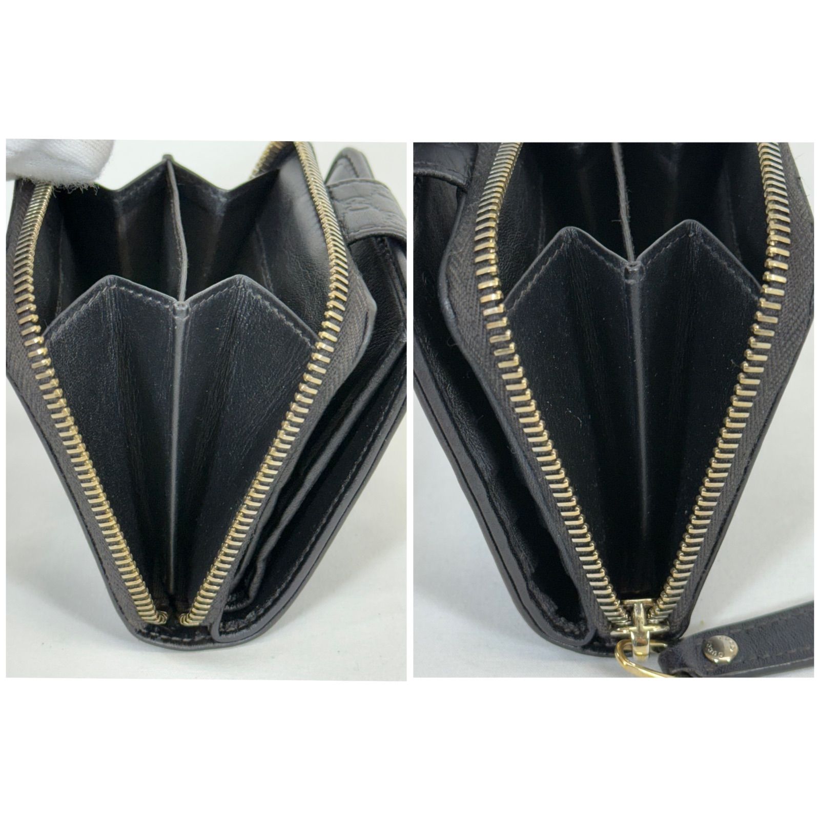 【人気・美品】Gucci グッチ マイクロ シマ ラウンドジップ コンパクト ウォレット 二つ折り 財布 449395 ブラック 黒色 レザー 本革 箱付き ゴールド金具 金色 メンズ レディース ユニセックス