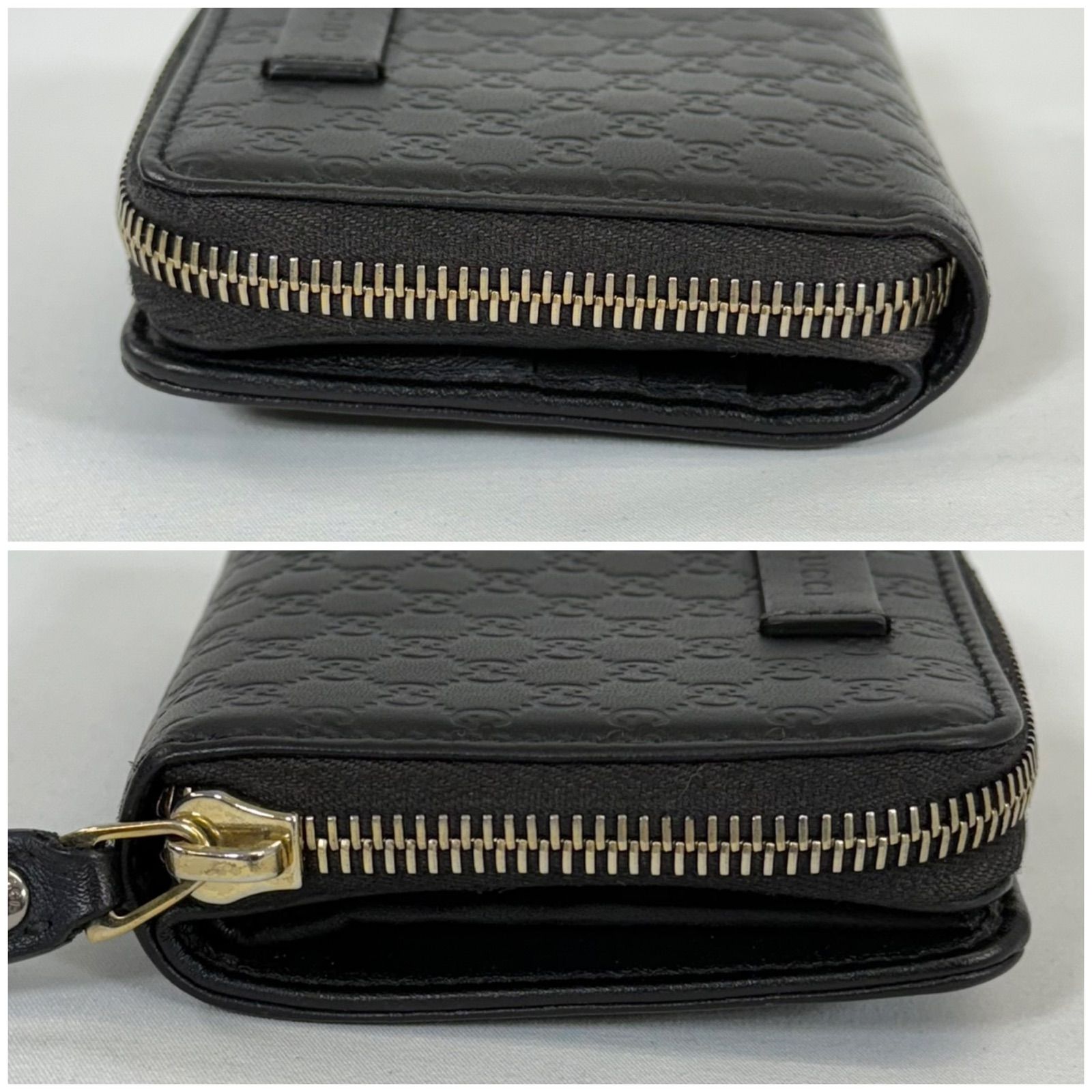 【人気・美品】Gucci グッチ マイクロ シマ ラウンドジップ コンパクト ウォレット 二つ折り 財布 449395 ブラック 黒色 レザー 本革 箱付き ゴールド金具 金色 メンズ レディース ユニセックス