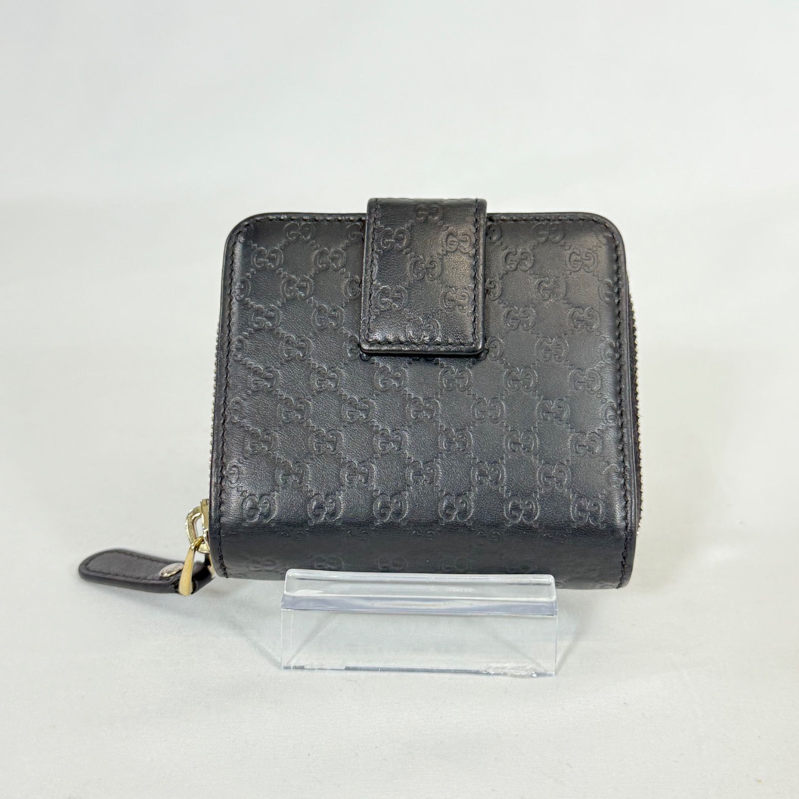 【人気・美品】Gucci グッチ マイクロ シマ ラウンドジップ コンパクト ウォレット 二つ折り 財布 449395 ブラック 黒色 レザー 本革 箱付き ゴールド金具 金色 メンズ レディース ユニセックス