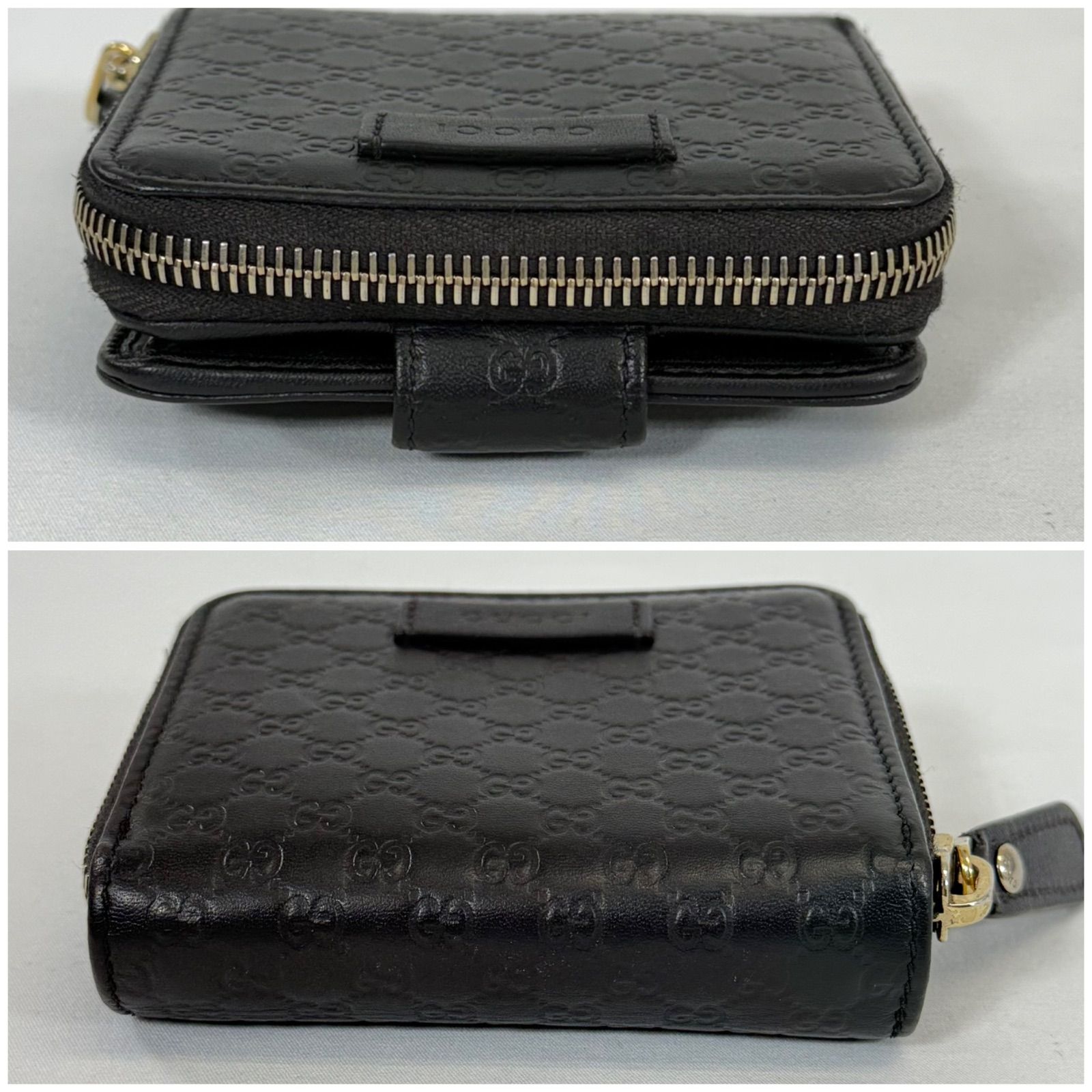 【人気・美品】Gucci グッチ マイクロ シマ ラウンドジップ コンパクト ウォレット 二つ折り 財布 449395 ブラック 黒色 レザー 本革 箱付き ゴールド金具 金色 メンズ レディース ユニセックス