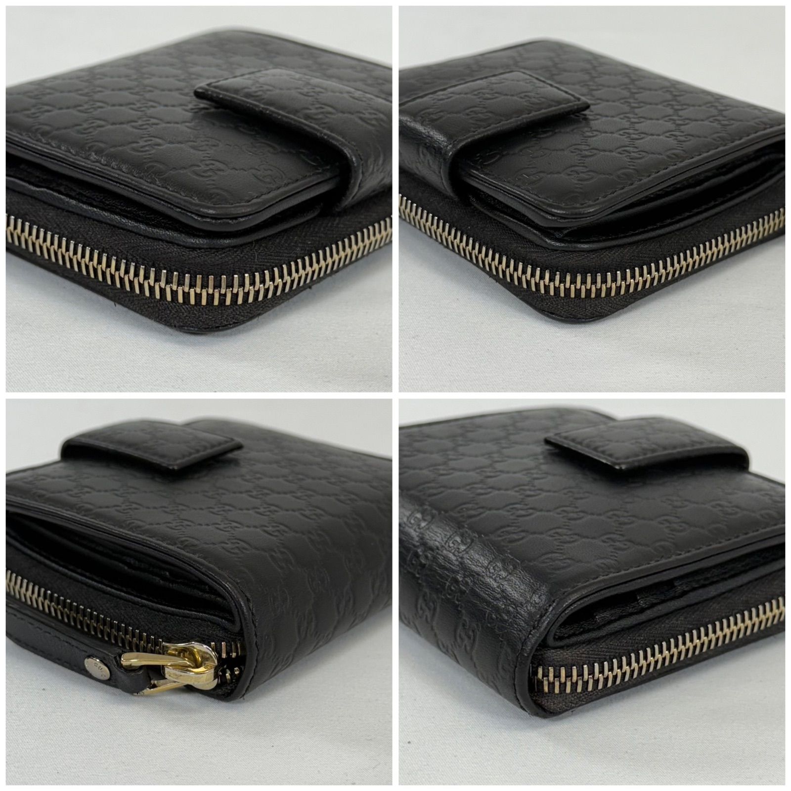 【人気・美品】Gucci グッチ マイクロ シマ ラウンドジップ コンパクト ウォレット 二つ折り 財布 449395 ブラック 黒色 レザー 本革 箱付き ゴールド金具 金色 メンズ レディース ユニセックス