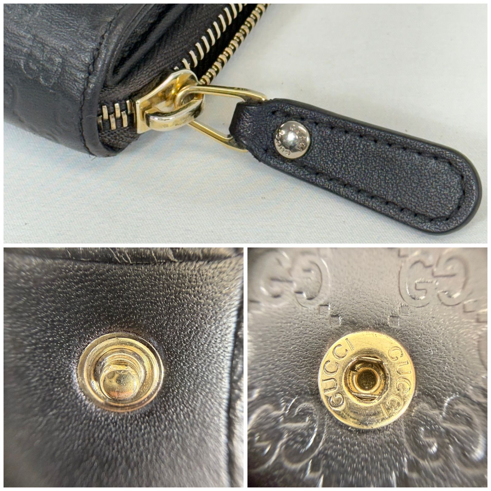 【人気・美品】Gucci グッチ マイクロ シマ ラウンドジップ コンパクト ウォレット 二つ折り 財布 449395 ブラック 黒色 レザー 本革 箱付き ゴールド金具 金色 メンズ レディース ユニセックス