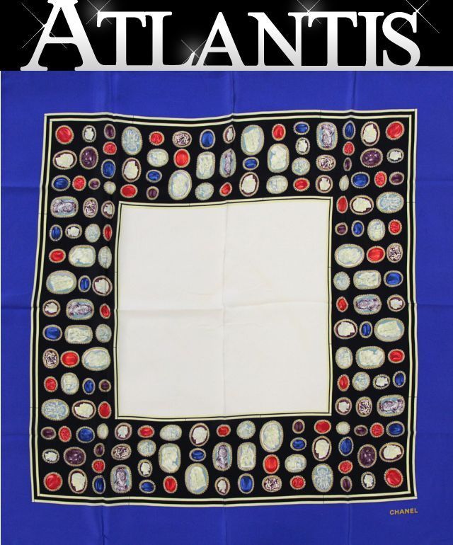 シャネル CHANEL ヴィンテージ 大判スカーフ カメオ ストーン柄 シルク100％ 青系 72500