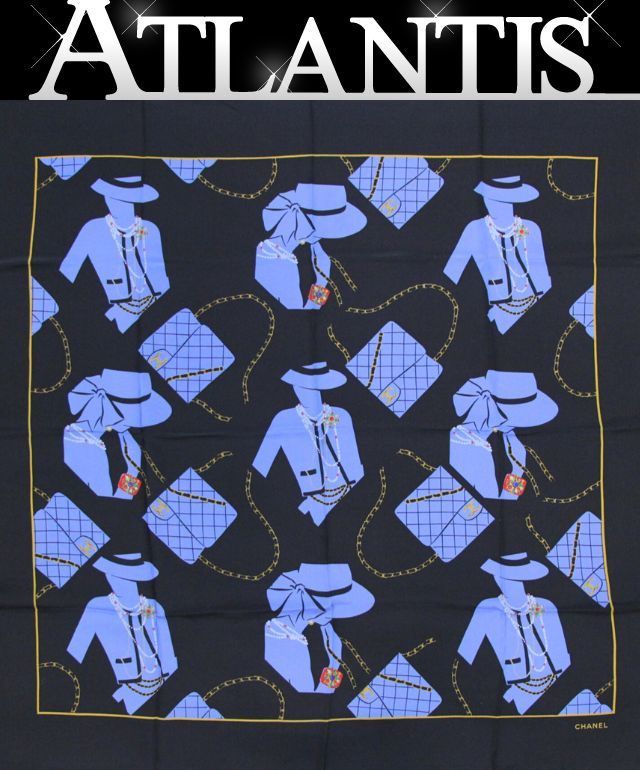 シャネル CHANEL ヴィンテージ 大判スカーフ マドモアゼル マトラッセ シルク100％ 黒 青 72501