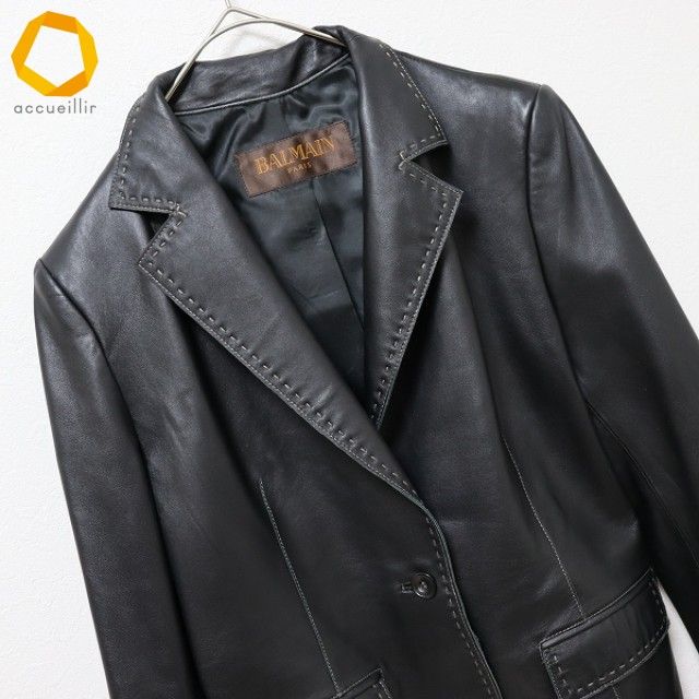 バルマン BALMAIN ラム レザー ジャケット テーラード ステッチ 大きい