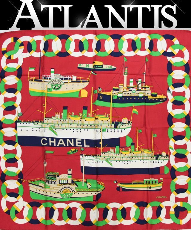 シャネル CHANEL ヴィンテージ 大判スカーフ 蒸気船 シルク100％ 赤系 72493