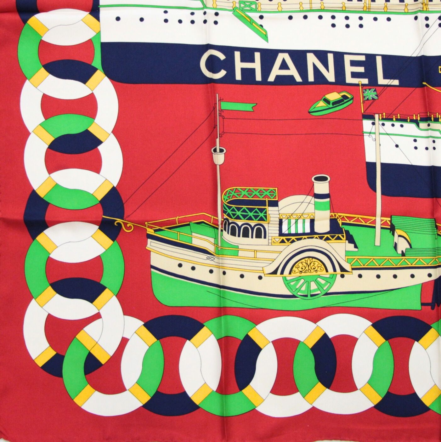 シャネル CHANEL ヴィンテージ 大判スカーフ 蒸気船 シルク100％ 赤系