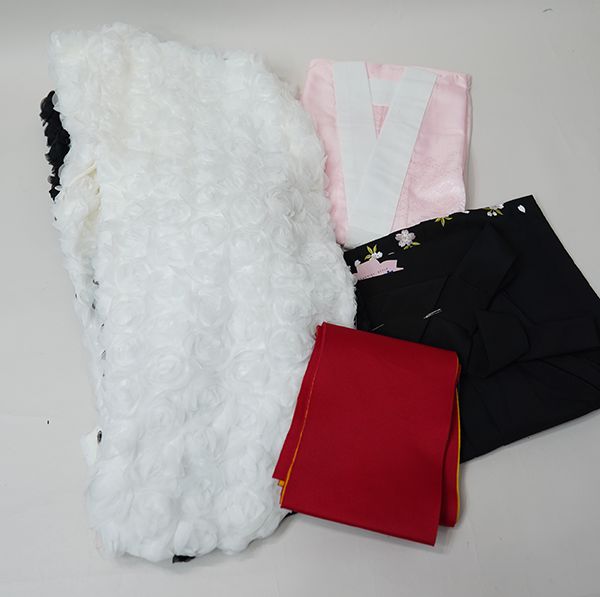 二尺袖 着物 袴フルセット チュールローズ 半身仕立て 着物丈はショート丈 黒×白 卒業式 袴変更 NO 42869-1