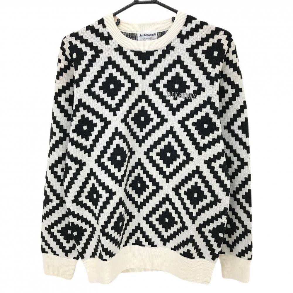 ジャックバニー セーター 白×黒 総柄 ニット ウール混 ネック・肩汚れ
