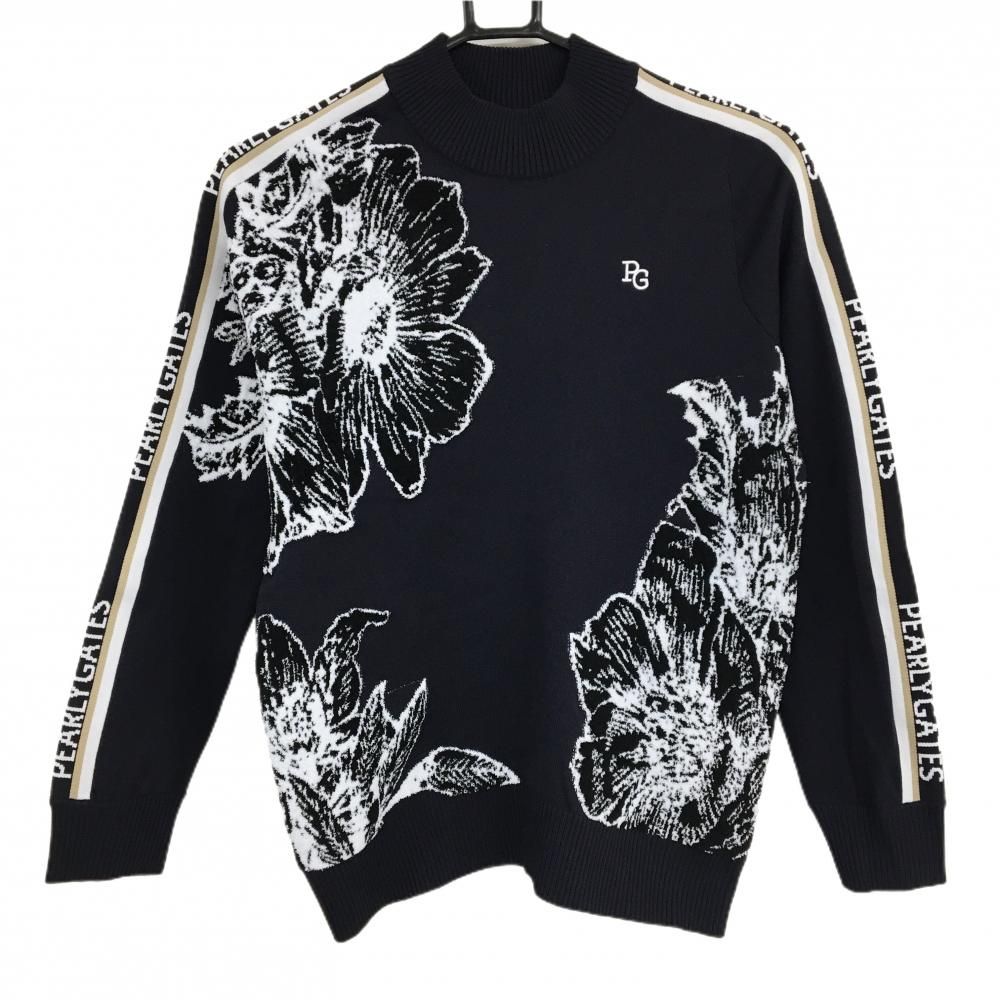 超 パーリーゲイツ ハイネックセーター ダークネイビー×白 花柄 ニット 袖ライン レディース 0 S ゴルフウェア PEARLY GATES