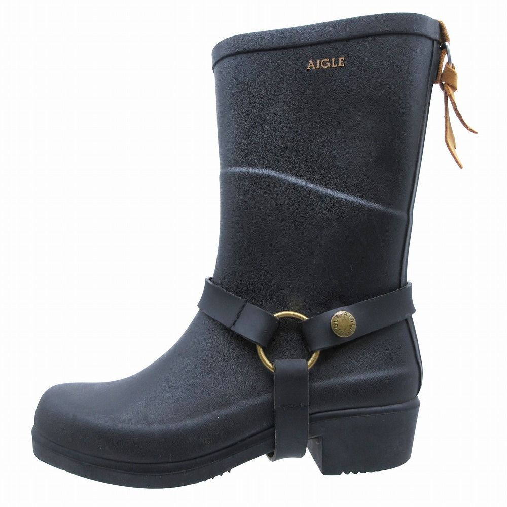 AIGLE エーグル ミスジュリー ラバーブーツ レインブーツ リング バイカー 靴 サイズ35 22.5 cm ブラック 黒 レディース