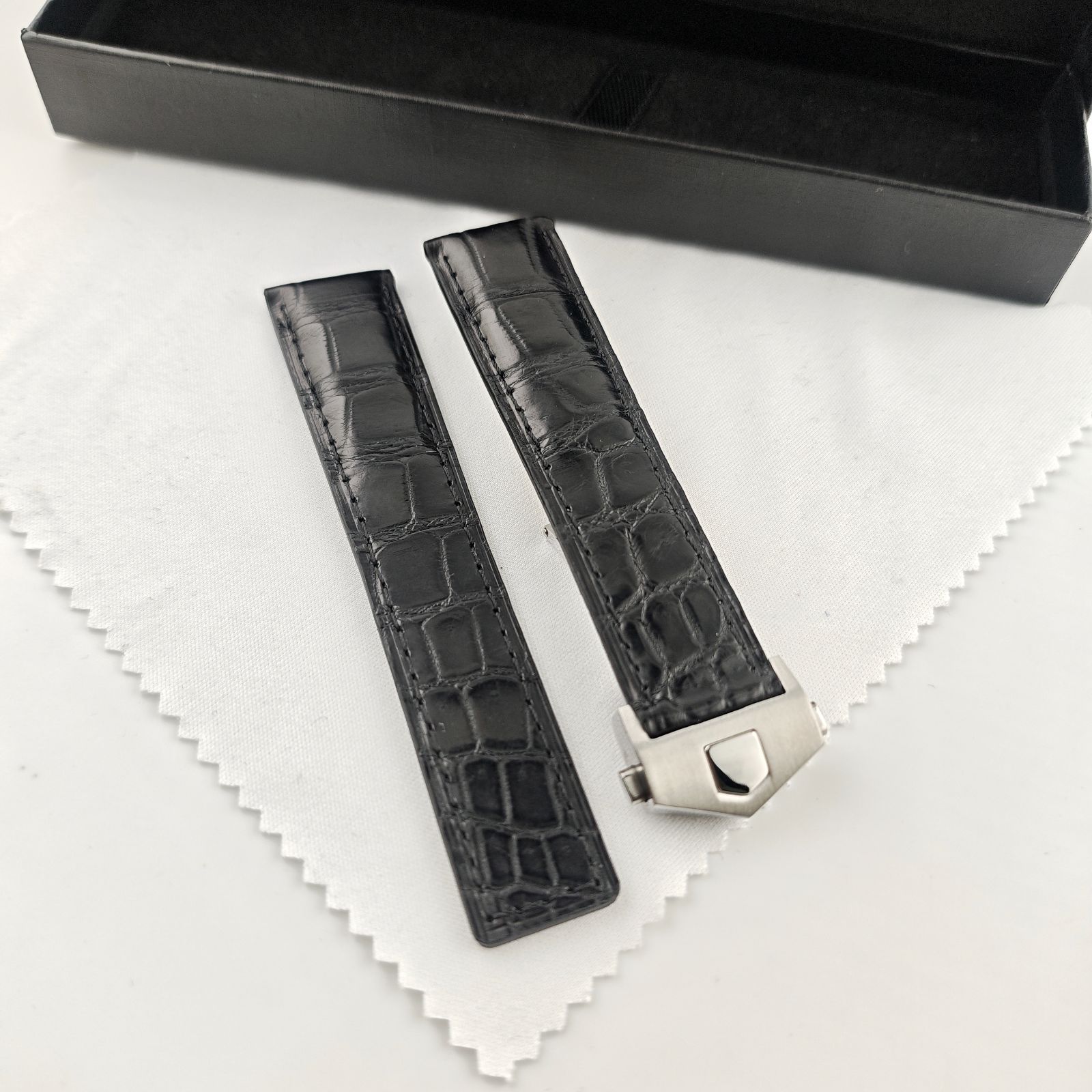20mm アリゲーター レザー ワニ革ベルト ブラック 黒 Dバックル付属